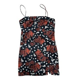 ZARA Dragon Lady Mini Slip Dress XS Black Red Spaghetti Strap Side Slit